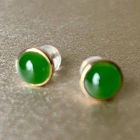【简约】18K玫瑰金和田玉（碧玉）耳钉/半珠直径6mm/菠菜绿