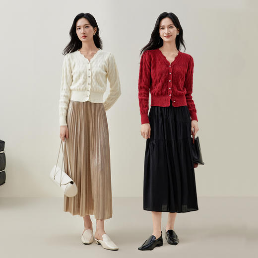 【内购】柔糯毛织金丝闪耀心形纽扣波浪V领收腰泡泡袖开衫针织开衫-W51E58696 商品图2