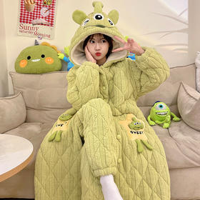 可爱三眼仔三层夹棉睡袍女冬季连帽加厚保暖棉袄甜美家居服套装