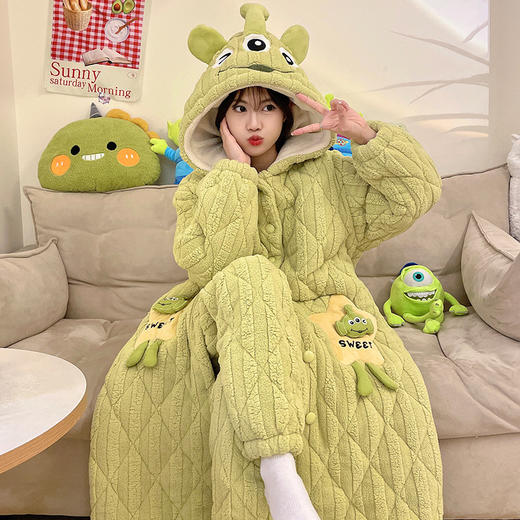 可爱三眼仔三层夹棉睡袍女冬季连帽加厚保暖棉袄甜美家居服套装 商品图0