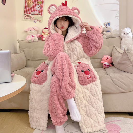可爱三眼仔三层夹棉睡袍女冬季连帽加厚保暖棉袄甜美家居服套装 商品图1