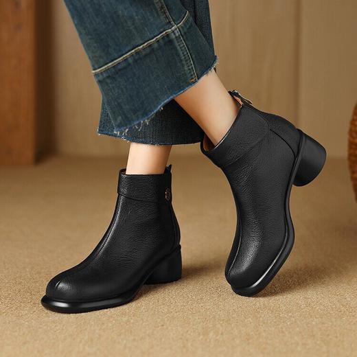 【预售5天】软羊皮圆头粗跟小短靴女春秋单靴真皮中跟瘦瘦靴厚底英伦风马丁靴NGMZR&9851 商品图4