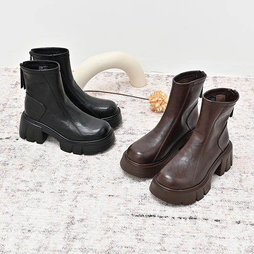 经典鲨2024年冬季新款百搭圆头后拉链加绒御寒时装短筒靴女KW230-D58031 商品图2