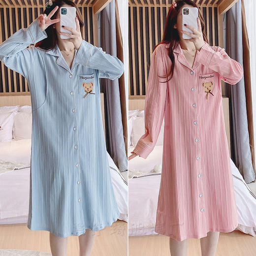 待产裙月子服纯棉秋冬长袖哺乳连衣裙孕妇免穿戴胸垫喂奶衣产后开衫睡裙 商品图1