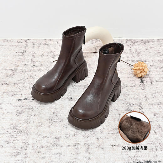 经典鲨2024年冬季新款百搭圆头后拉链加绒御寒时装短筒靴女KW230-D58031 商品图1