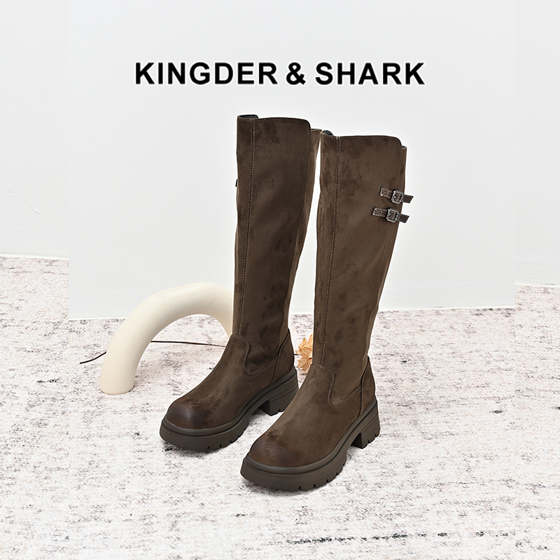 经典鲨2024年冬季款百搭圆头平底加绒气质显瘦时装长筒靴女KW310-D58061
