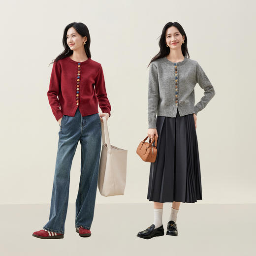 【尚都比拉】时尚优雅圆领毛衣女设计感糖果蘑菇扣显瘦宽松弹力上衣-W51E58709 商品图1