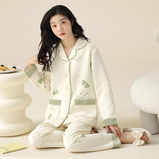 空气棉夹层睡衣女秋冬季纯棉长袖加厚保暖翻领大码家居服夹棉套装 商品图2