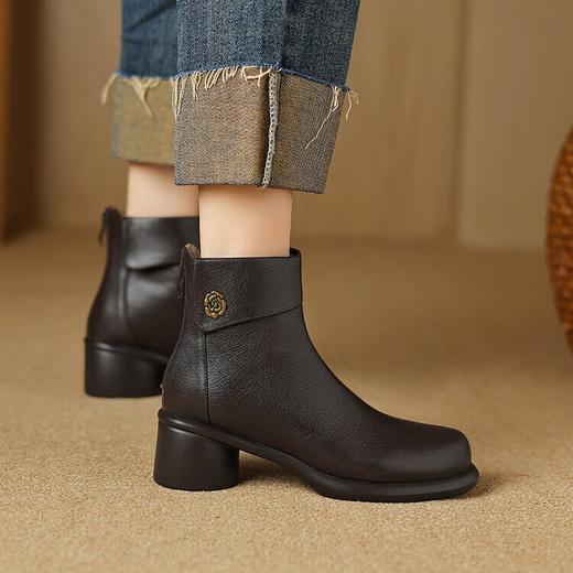 【预售5天】软羊皮圆头粗跟小短靴女春秋单靴真皮中跟瘦瘦靴厚底英伦风马丁靴NGMZR&9851 商品图3