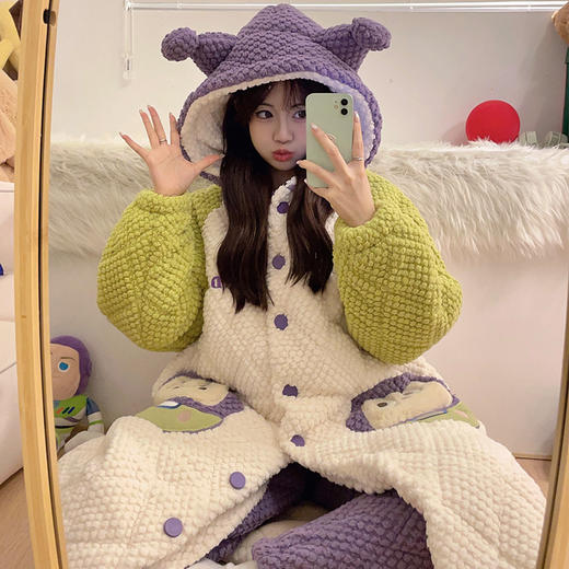 可爱三眼仔三层夹棉睡袍女冬季连帽加厚保暖棉袄甜美家居服套装 商品图3