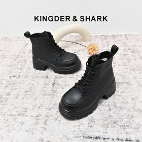 经典鲨2024年冬季新款黑色百搭圆头侧拉链加绒通勤马丁靴女KW163-D58151