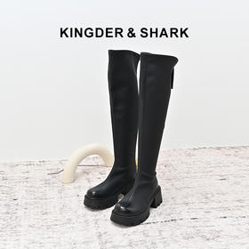 经典鲨2024年冬新款百搭圆头平底加绒过膝显瘦时装弹力靴女KW79-D58061