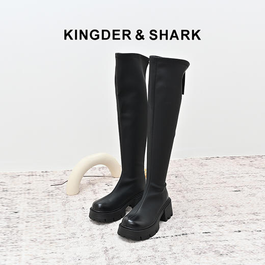 经典鲨2024年冬新款百搭圆头平底加绒过膝显瘦时装弹力靴女KW79-D58061 商品图0