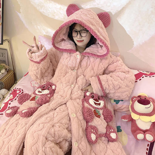 草莓熊睡衣女冬季珊瑚绒三层夹棉加厚加绒冬天保暖长版睡袍家居服 商品图1