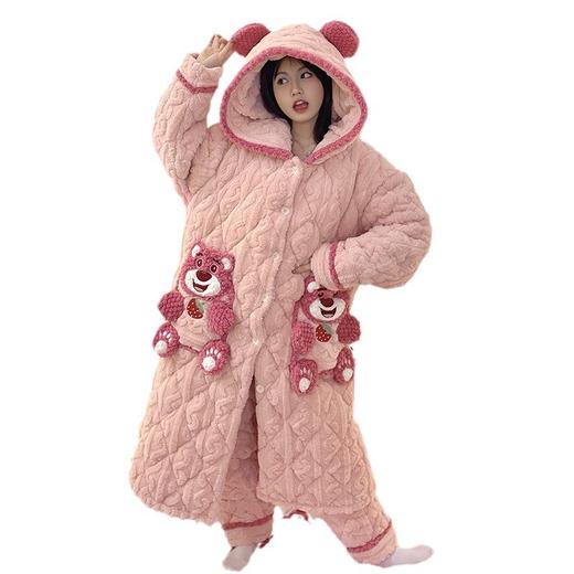 草莓熊睡衣女冬季珊瑚绒三层夹棉加厚加绒冬天保暖长版睡袍家居服 商品图4
