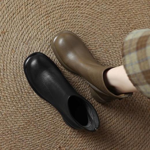 【预售5天】冬新款真皮厚底圆头英伦风马丁靴女粗跟松糕底卡其色复古短靴ZYY&A1072 商品图2