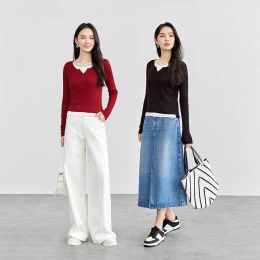 【内购】绵羊毛智性通勤假两件设计时髦叠穿撞色针织衫安可雷穿搭-W51H57985 商品图3