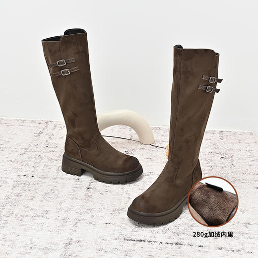 经典鲨2024年冬季款百搭圆头平底加绒气质显瘦时装长筒靴女KW310-D58061 商品图2