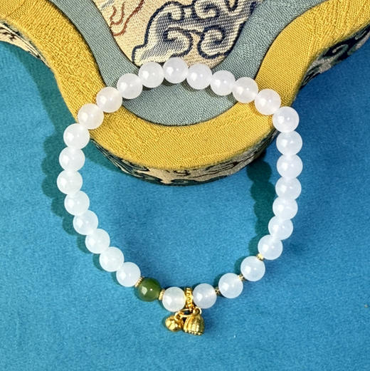 和田玉(白玉）6mm圆珠手串（28颗/配碧玉，S925银） 商品图0