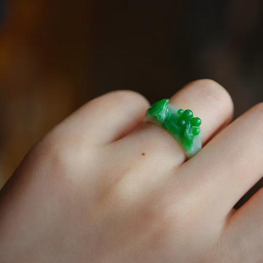 岁月拾遗 花叶青青，翠鸟来访白底青清代老翡翠戒指 商品图4