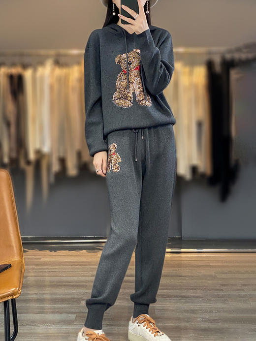 秋冬休闲羊毛针织套装，连帽卫衣,时尚百搭宽松通勤风QH 商品图2