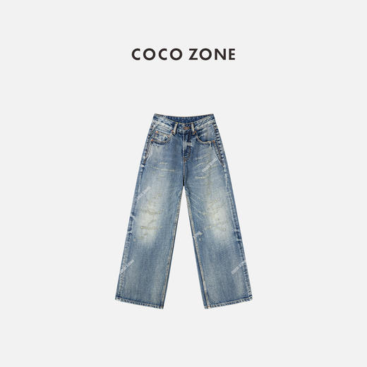 COCO ZONE 复古100棉磨破牛仔裤显瘦直筒裤CC1D2406 商品图0