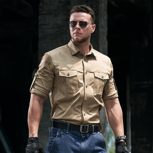 三代隐锐水洗工装长袖衬衫弹力男士翻领休闲衬衫百搭男上衣 商品图0