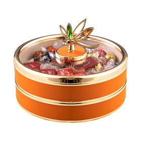 高档轻奢密封干果收纳盒客厅茶几水果盘双层旋转点心盒零食糖果盒珐琅彩蜻蜓双层果盘 （合金+皮革款）