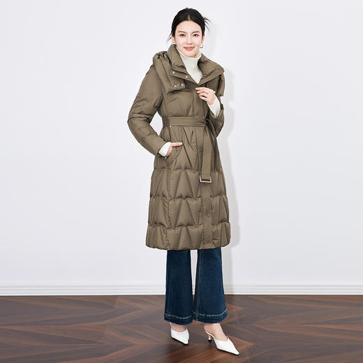 【高货wl】全新升级【铂金会员735/天猫989/差价254】(05931)洛诗琳秋冬简约连帽收腰系带御寒保暖长款90白鸭绒羽绒服 商品图1