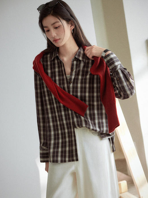 Even Vintage| 全棉碳素磨毛 通勤复古感格纹定制logo刺绣衬衫女 商品图2