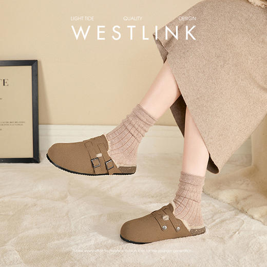 西遇加绒勃肯鞋女冬季新款外穿棉拖鞋厚底一脚蹬包头博肯半拖V4147867 商品图3