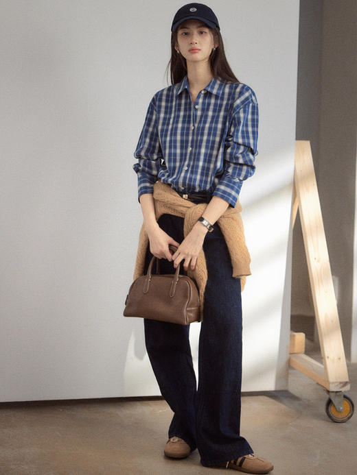 Even Vintage| 全棉碳素磨毛 通勤复古感格纹定制logo刺绣衬衫女 商品图1