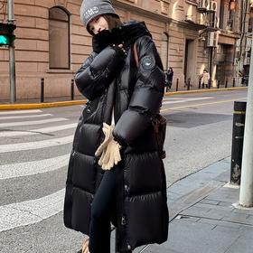 丁摩 90白鹅绒长款连帽外套女爆款黑金羽绒服大衣4ZF-20810