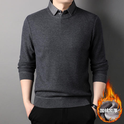 加绒男士假两件冬季新款中年翻领加厚保暖长袖打底针织衫毛衣男💕 商品图3