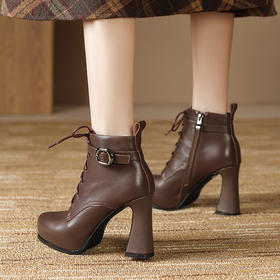【预售5天】高跟尖头粗跟短靴，防水台春秋绑带单靴子RLJR&12-347