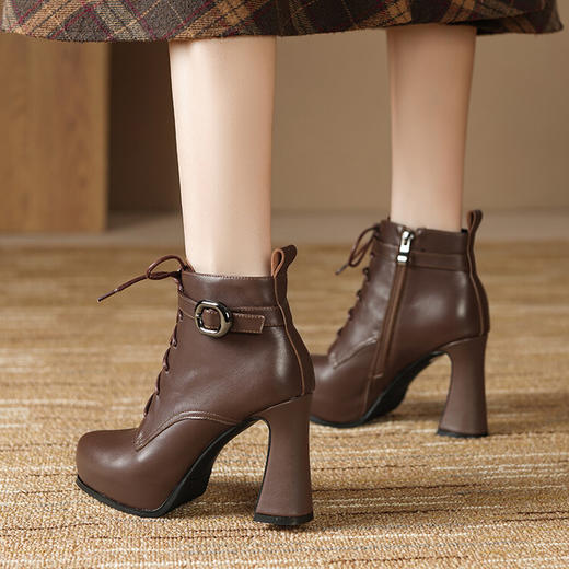 【预售5天】高跟尖头粗跟短靴，防水台春秋绑带单靴子RLJR&12-347 商品图0
