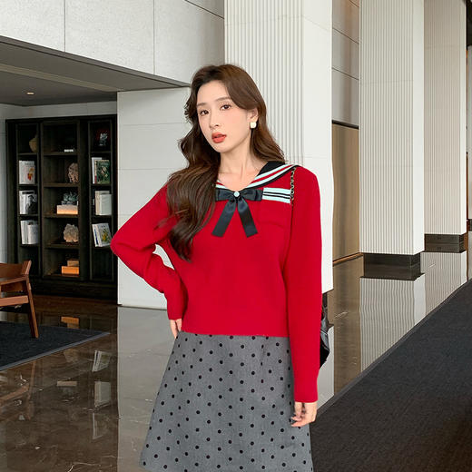 奢姿2025秋季新款大码女装拼色小香风上衣胖妹妹减龄海军领针织衫9843663145 商品图2