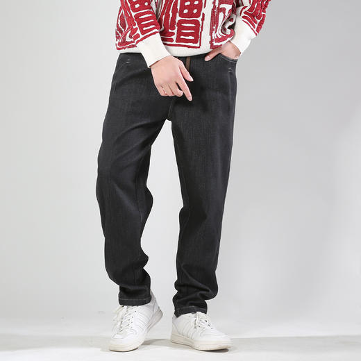 DRONKOO 2024 抽绳松紧腰前插袋压褶两枣底磨毛普洗厚牛仔长裤 商品图1