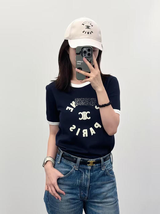 CL 2024新款 凯旋门 女士 植绒字母LOGO 撞色休闲圆领短袖T恤 特惠 Z-12081 商品图0