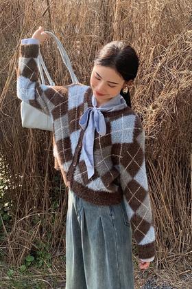 LNNNS 复古菱格纹针织开衫外套 19314