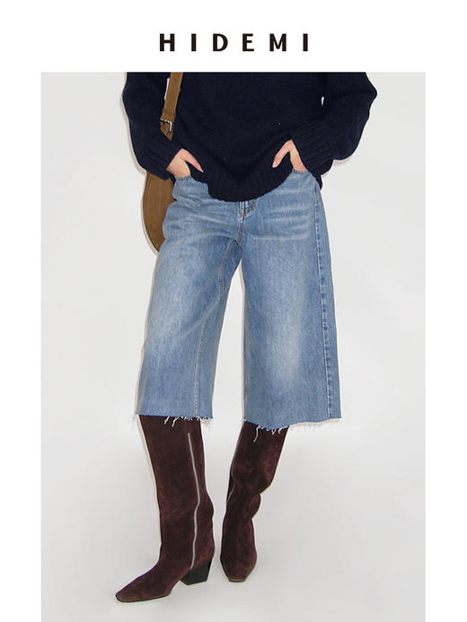 HIDEMI 多重水洗做旧感毛边设计感牛仔裤中裤 商品图0