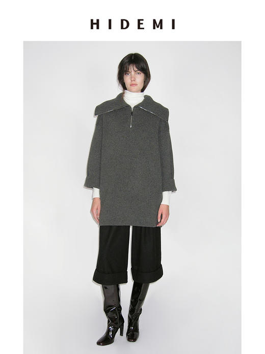 HIDEMI 进口澳洲美利奴羊毛加厚款粗针海军领大翻领拉链深灰色外套大毛衣 商品图0