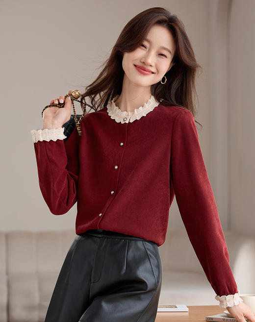 【1件75折】熙世界法式黑色丝绒衬衫女2025年秋冬新款赫本风长袖衬衣气质上衣 商品图5