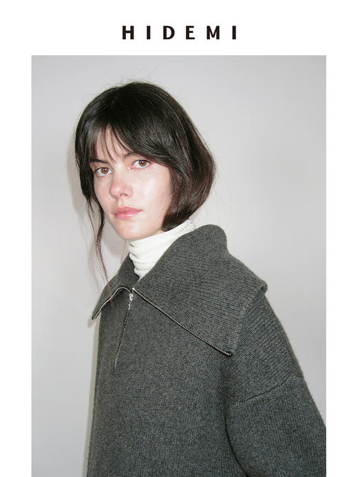 HIDEMI 进口澳洲美利奴羊毛加厚款粗针海军领大翻领拉链深灰色外套大毛衣 商品图2