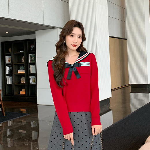 奢姿2025秋季新款大码女装拼色小香风上衣胖妹妹减龄海军领针织衫9843663145 商品图0