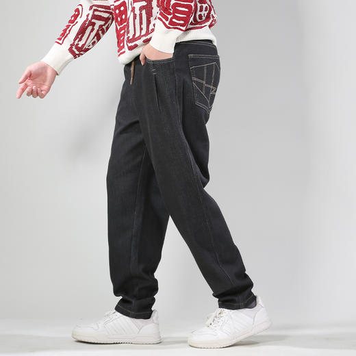 DRONKOO 2024 抽绳松紧腰前插袋压褶两枣底磨毛普洗厚牛仔长裤 商品图2