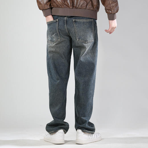 DRONKOO 2024 内抽绳松紧腰口袋脚口磨破复古洗水复合绒厚牛仔长裤 商品图4