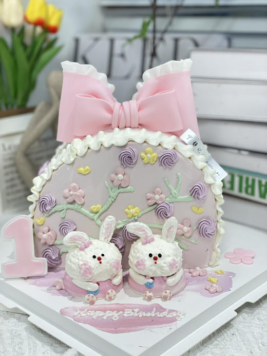 翻糖蝴蝶结周岁双胞胎兔子奶油蛋糕 下单前请仔细阅读商品详情 商品图0