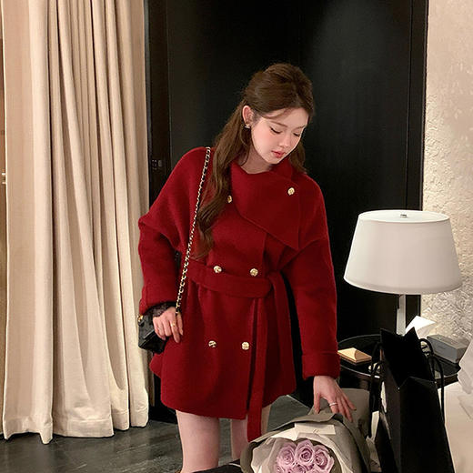 西遇黑色短款毛呢外套女冬季新款高领千金风收腰双排扣大衣SS141373 商品图2