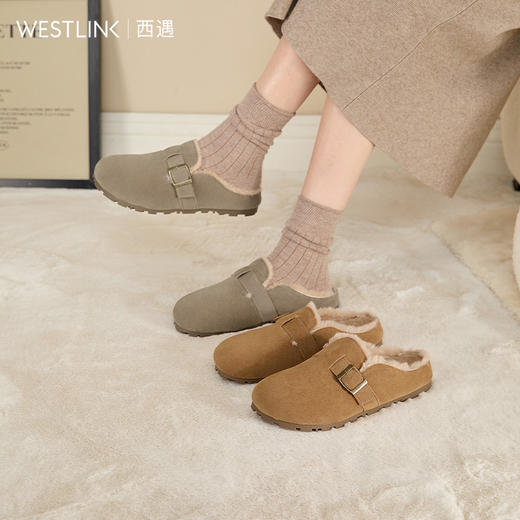 西遇勃肯鞋半拖女冬季外穿新款保暖加厚加绒棉鞋包头毛毛拖鞋V4147865 商品图0